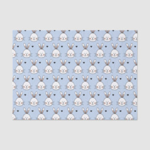 Cute White Bunny Faces and Hearts Pattern Blue Tissue Paper