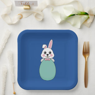 Cute White Bunny Holding Easter Egg Paper Plate