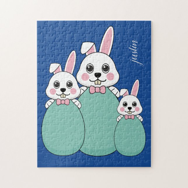 Cute White Bunny Holding Easter Egg | Personalise Jigsaw Puzzle (Vertical)