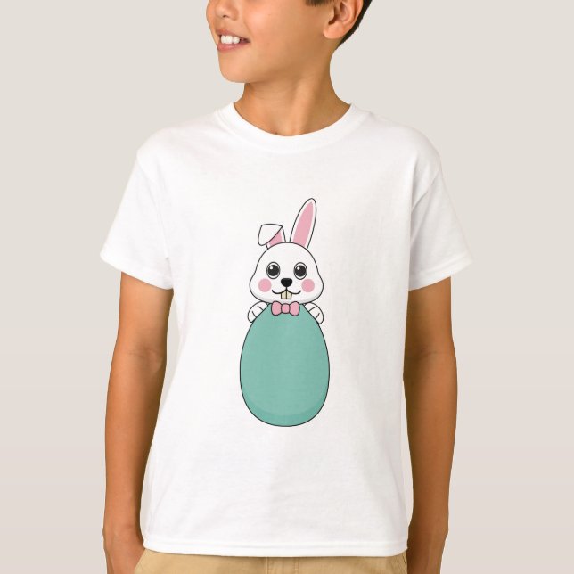 Cute White Bunny Holding Easter Egg T-Shirt (Front)