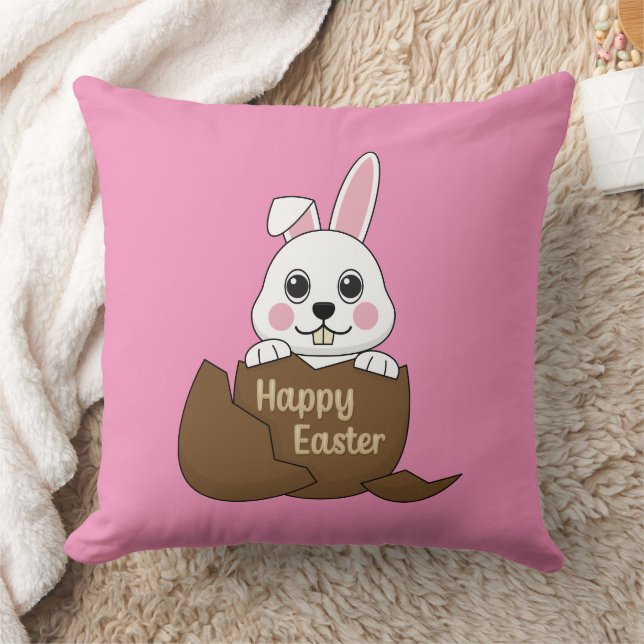 Cute White Bunny in Chocolate Egg Happy Easter Cushion (Blanket)