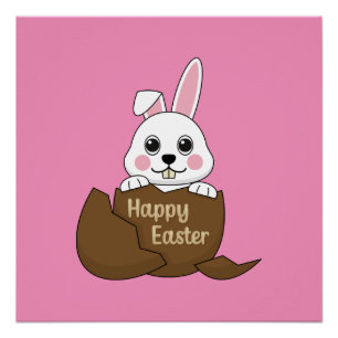 Cute White Bunny in Chocolate Egg Happy Easter Poster