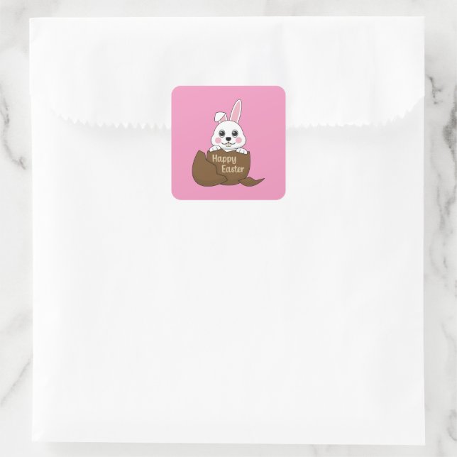 Cute White Bunny in Chocolate Egg Happy Easter Square Sticker (Bag)