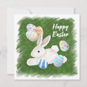 Cute White Bunny   Painted Eggs   Happy Easter Holiday Card