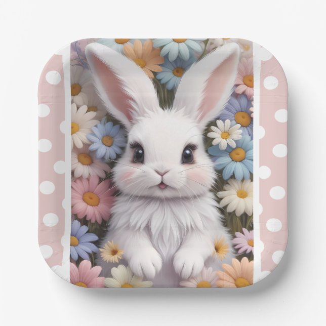Cute White Bunny Pastel Daisy Flowers Paper Plate (Front)