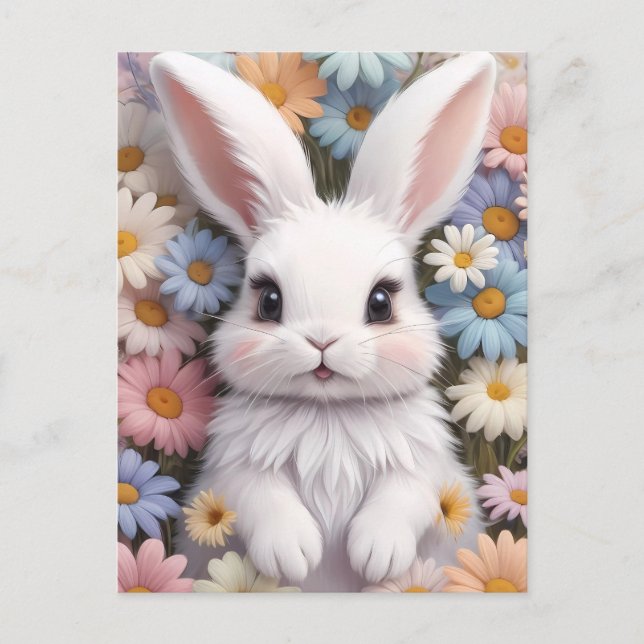 Cute White Bunny Pastel Daisy Flowers Postcard (Front)
