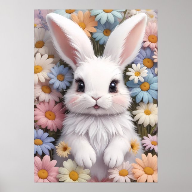 Cute White Bunny Pastel Daisy Flowers Poster (Front)