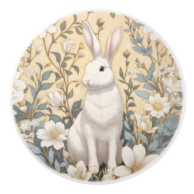 Cute White Bunny Pastel Yellow Floral  Ceramic Knob (Front)