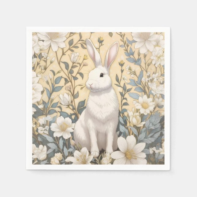 Cute White Bunny Pastel Yellow Floral  Napkin (Front)