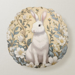 Cute White Bunny Pastel Yellow Floral  Round Cushion