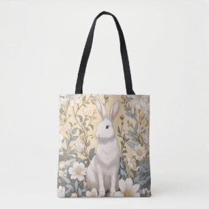 Cute White Bunny Pastel Yellow Floral  Tote Bag