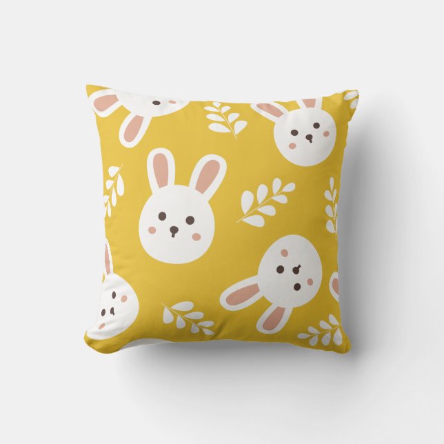 Cute White Bunny Pattern Whimsical Mustard Yellow  Cushion (Front)