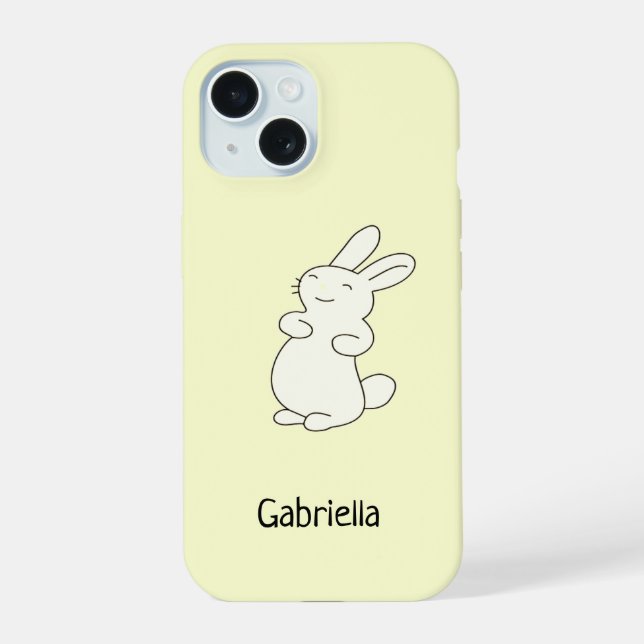 Cute white bunny personalised name yellow iPhone 15 case (Back)