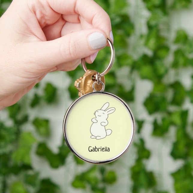 Cute white bunny personalised name yellow key ring (Hand)