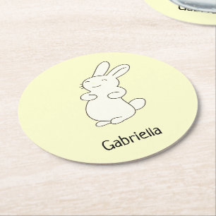 Cute white bunny personalised name yellow round paper coaster