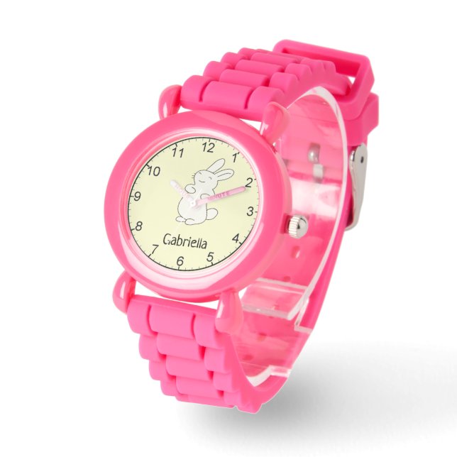 Cute white bunny personalised name yellow watch (Angle)