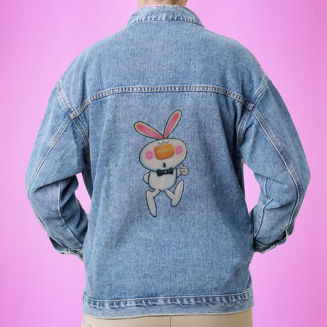 Cute White Bunny Pink Ears cheeks Thumbs Up  Denim Jacket (Fun white thumbs up bunny rabbit orange nose black bow tie on denim jacket.)
