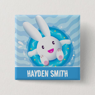 Cute White Bunny Pool Party Personalised 15 Cm Square Badge
