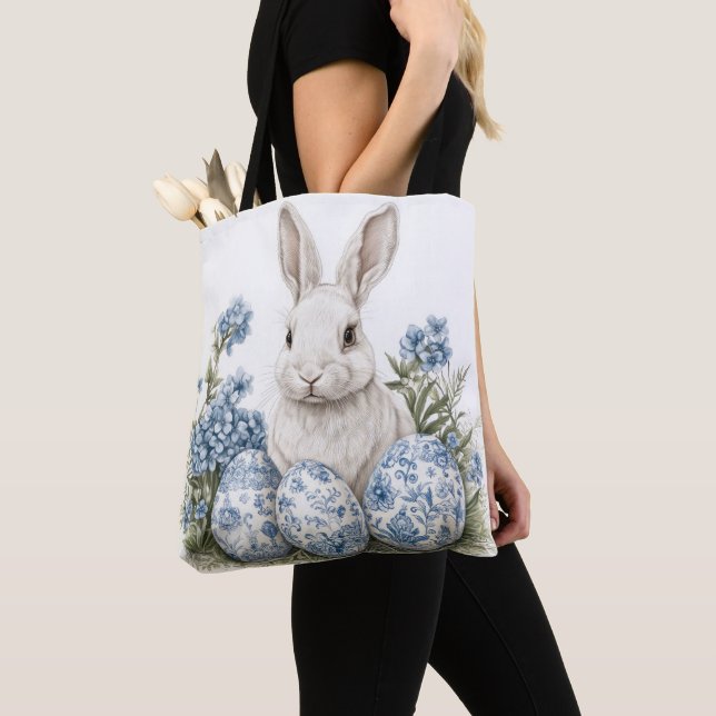CUTE WHITE BUNNY RABBIT AND BLUE EASTER EGGS TOTE BAG (Close Up)