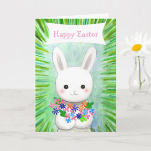 Cute White Bunny Rabbit Custom Text Happy Easter Card