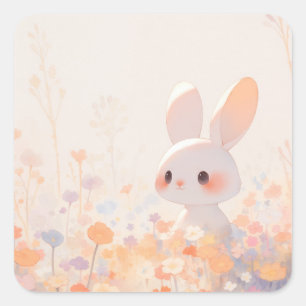 Cute White Bunny Rabbit in Pastel Pink Wildflower Square Sticker