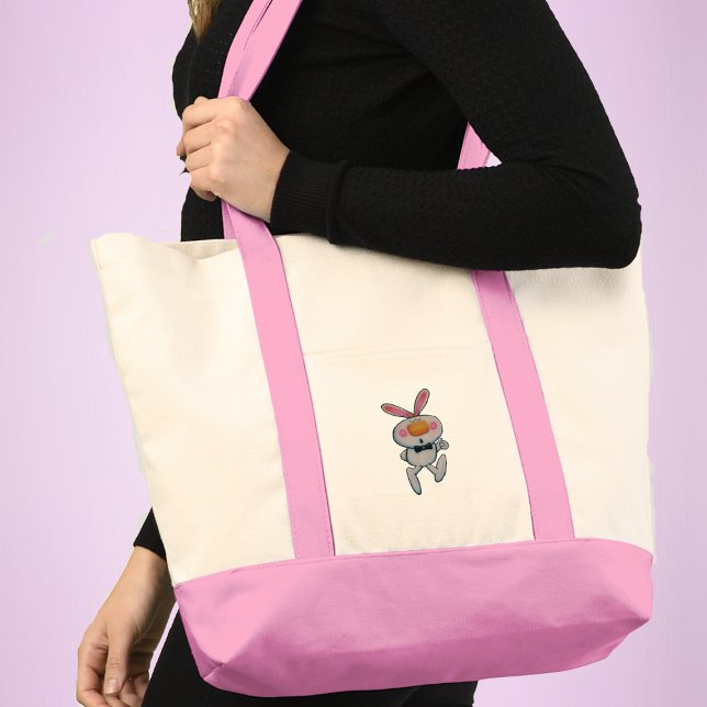 Cute White Bunny Rabbit Orange Nose Thumbs Up Sign Tote Bag (Cute white bunny rabbit rosy cheeks bow tie giving thumbs up sign on tote bag.)