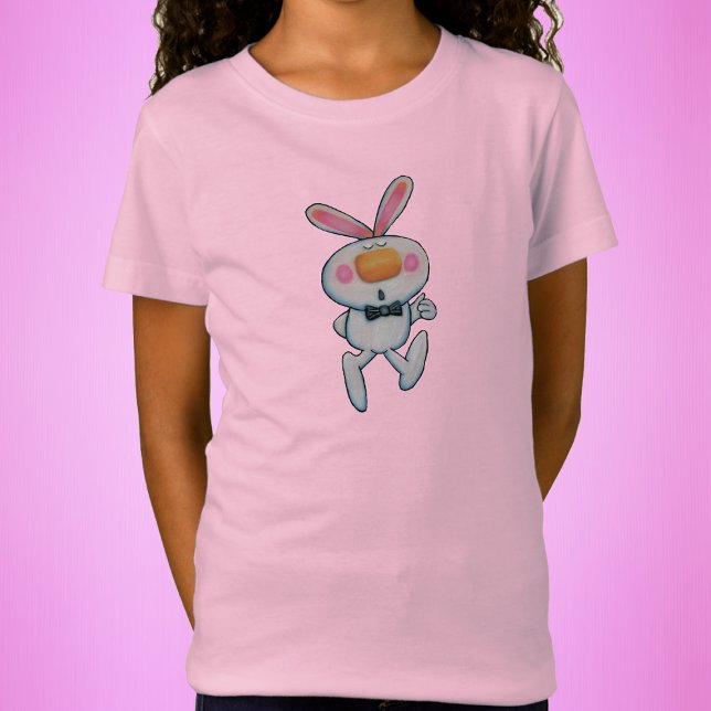Cute White Bunny Rabbit Thumbs Up Orange Nose T-Shirt (Cartoon cute white bunny thumbs up sign big orange nose pink rosy cheeks on kids tee shirt.)