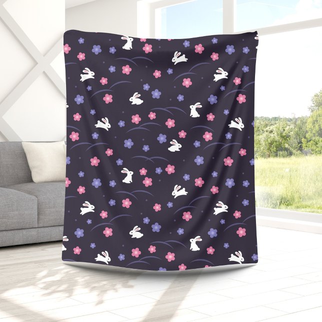Cute White Bunny Rabbits and Flowers Pattern Fleece Blanket (Creator Uploaded)