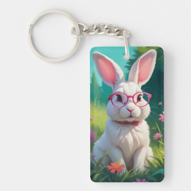 Cute White Bunny Sitting on Green Grass Key Ring (Front)