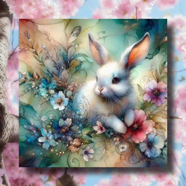 Cute White Bunny Watercolor Flowers Glitter Easter Holiday Card (Creator Uploaded)