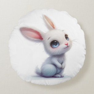 Cute White Bunny with Big Blue Eyes Round Cushion