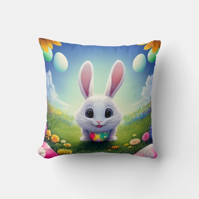 Cute White Bunny with Easter Eggs Cushion (Front)