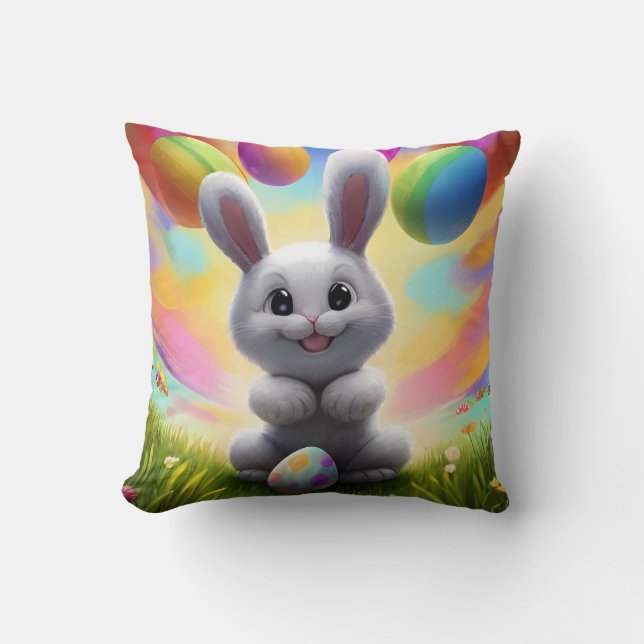 Cute White Bunny with Easter Eggs Cushion (Front)