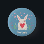 Cute White Bunny With Heart Personalised 3 Cm Round Badge<br><div class="desc">Adorable white rabbit holding a red heart with spring flowers and pink hearts overhead.</div>