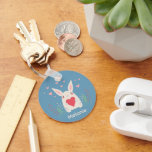 Cute White Bunny With Heart Personalised Key Ring<br><div class="desc">Adorable white rabbit holding a red heart with spring flowers and pink hearts overhead.</div>