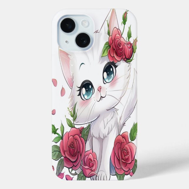 Cute White Cartoon Cat with Roses iPhone Case (Back)