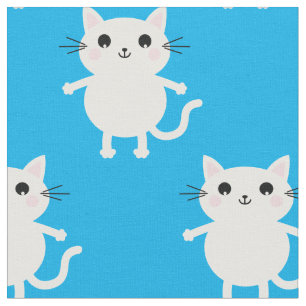 Cute White Cartoon Cats Baby Nursery Kid Room Blue Fabric