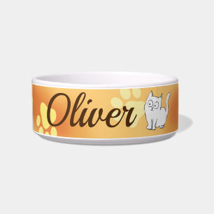 Cute White Cartoon Kitten on Yellow Pawprint Bowl