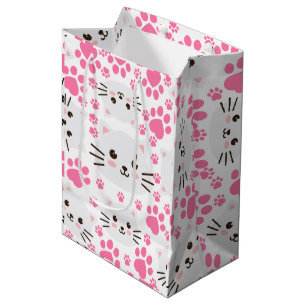 Cute White Cat and Pink Paw Medium Gift Bag