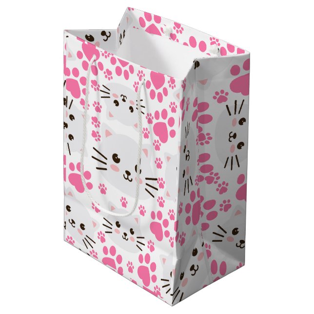 Cute White Cat and Pink Paw Medium Gift Bag (Front Angled)