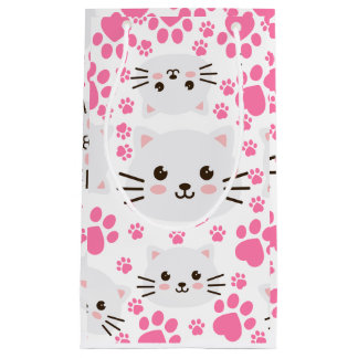 Cute White Cat and Pink Paw Small Gift Bag
