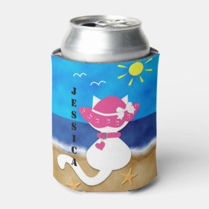 Cute White Cat Beach Theme Pink Bonnet Can Cooler