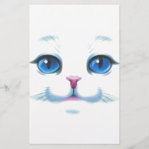Cute White Cat Blue Eyes Face Stationery