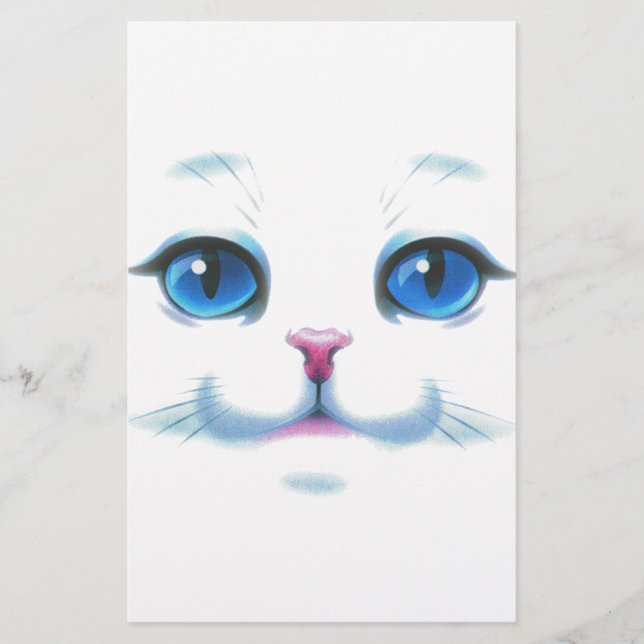 Cute White Cat Blue Eyes Face Stationery (Front)