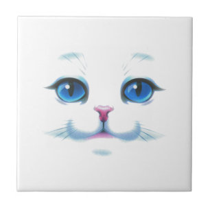 Cute White Cat Blue Eyes Face Tile