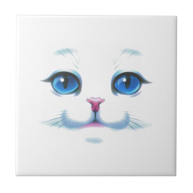Cute White Cat Blue Eyes Face Tile (Front)