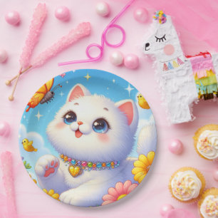 Cute White Cat Butterfly Paper Plate