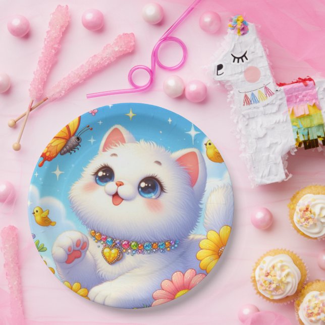 Cute White Cat Butterfly Paper Plate (Party)