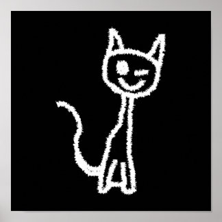 Cute White Cat Cartoon. On Black. Poster