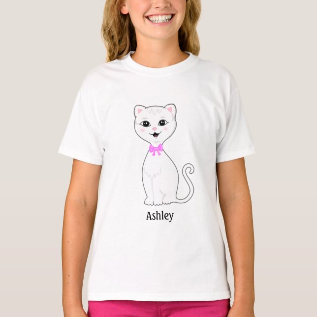 Cute White Cat Cartoon T-Shirt (Front)